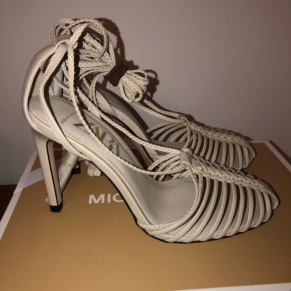 BRAND NEW ZARA shoe taupe lace up cage heels - Picture 2 of 5